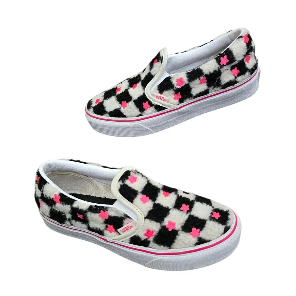 Vans Checkered Sherpa Slip On Junior Size 5 Womens Size 6.5 Sneakers Shoes